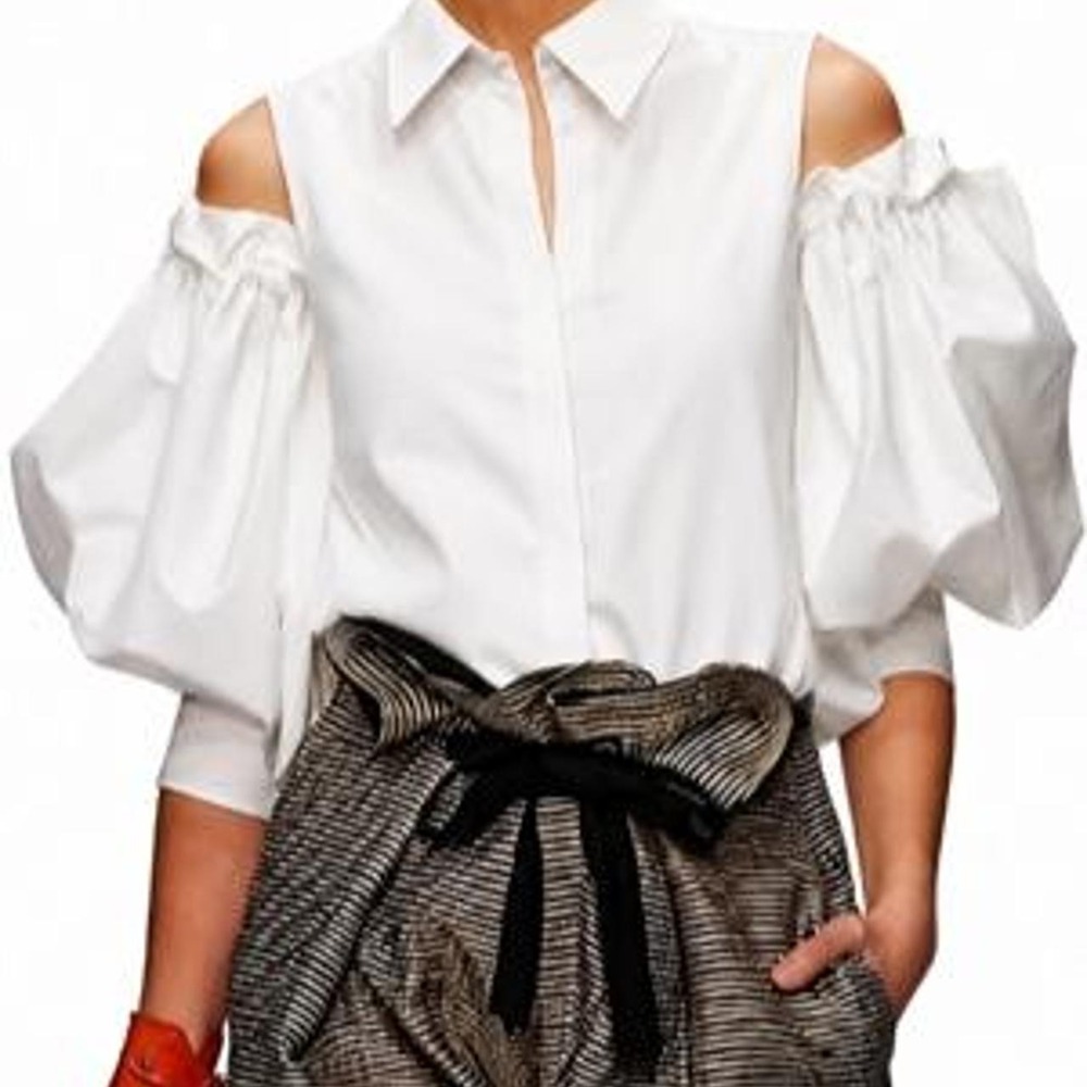 UOOZEE Women's Cold Shoulder Puff Sleeve Collared Shirt Button Down Blouse